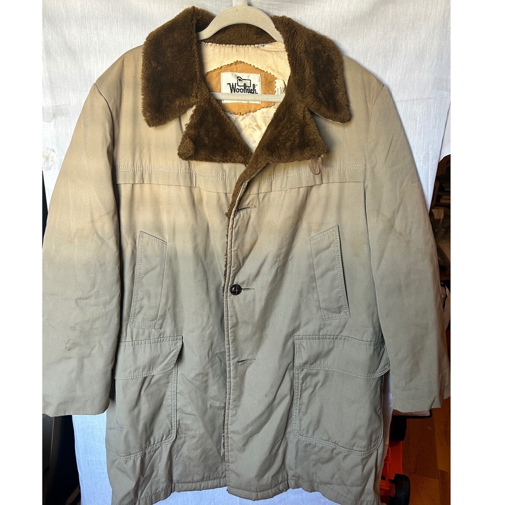 Vintage Woolrich Mens Tan Faux Fur Collar Pile Lined Field Coat Parka Size 42